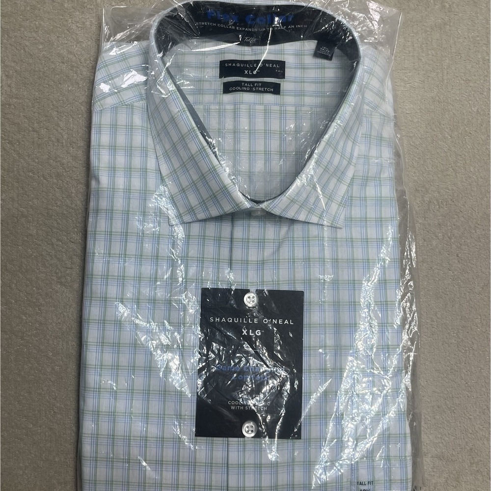 Shaquille O'neal XLG Tall Fit Cooling Stretch Dress Shirt White Blue Green Plaid